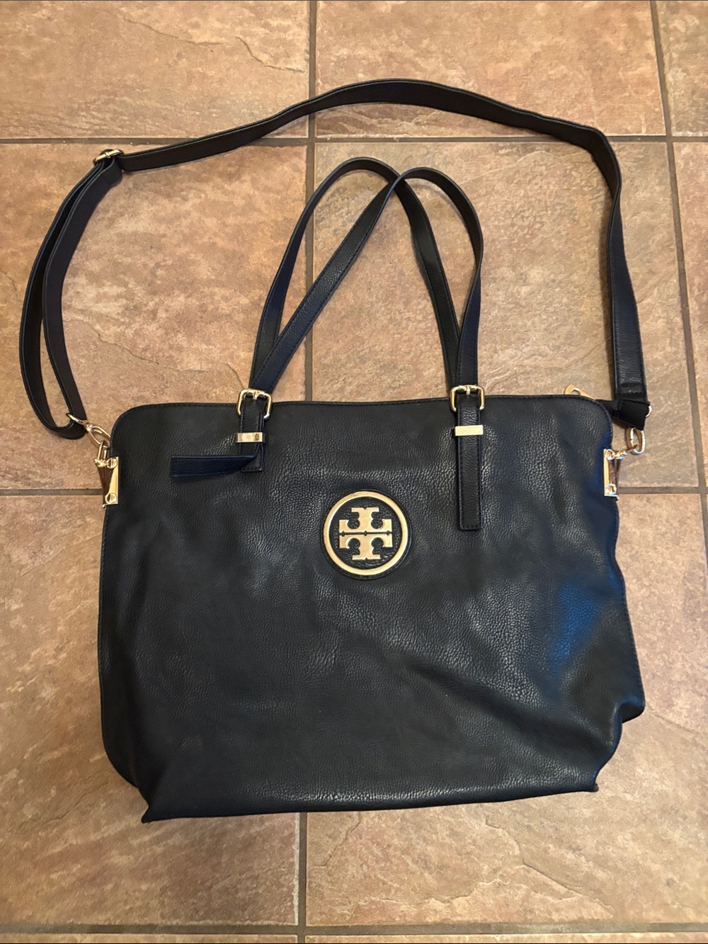 Tory Burch Black Leather Logo Tote with Gold Hardware